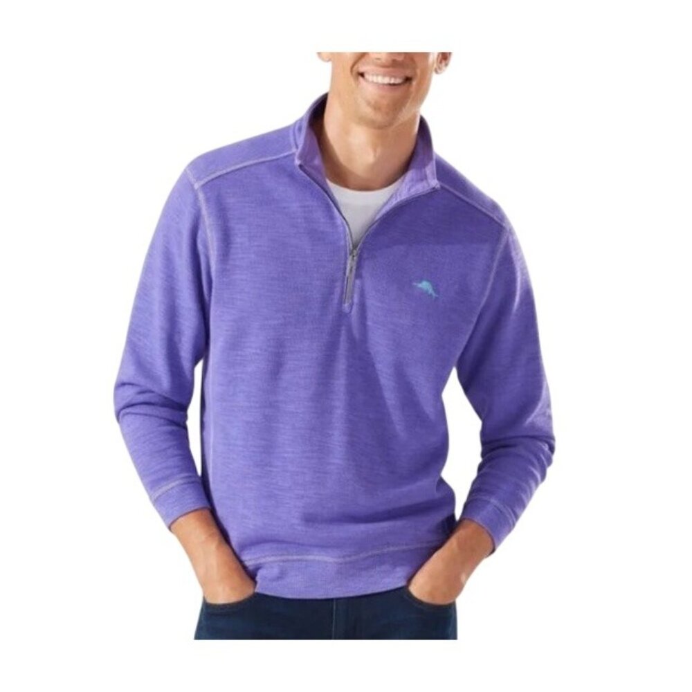 Tommy Bahama Sweater Mens Medium Purple Playa Tini Quarter Zip Mock Neck